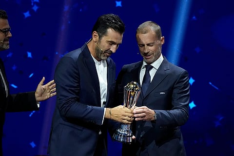 2024-25 UEFA Champions League Draw: Former Juventus and PSG Italian goalkeeper Gianluigi Buffon receives the 2024 UEFA President's Award